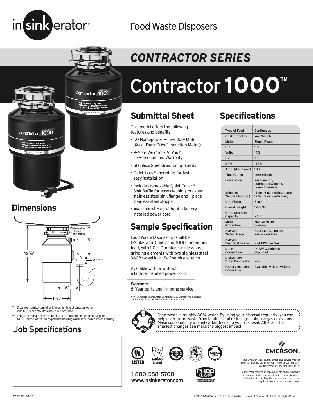 Contractor 1000 Garbage Disposal Spec Sheet
