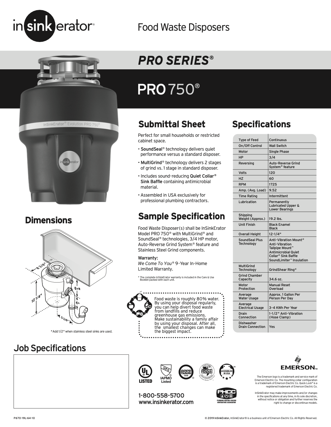 Evolution 750 Garbage Disposal Spec Sheet